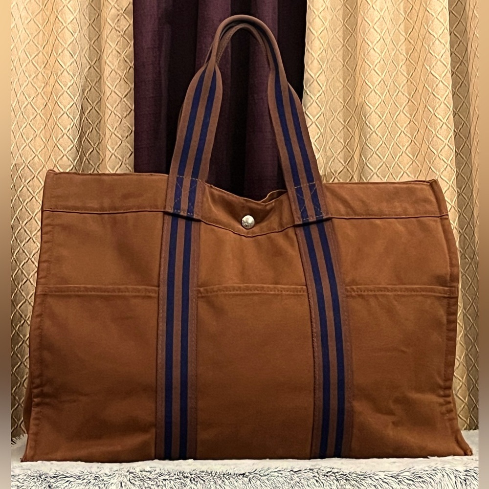 HERMES PARIS Brown Canvas Tote Bag with Navy Stripe Handles